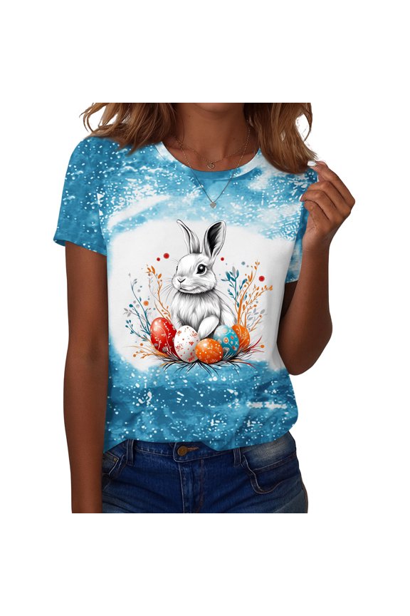 Easter Ladies Shirts Funny Short Sleeve Eggs Shirt Bunny 2026 Spring Tees Plus Size Trendy Crew Neck Tee Blue S