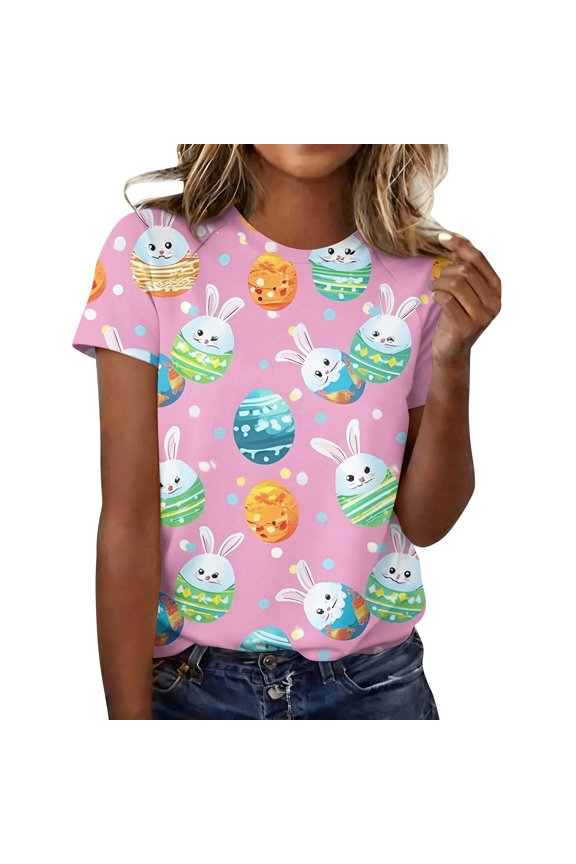 Easter Ladies Shirts Plus Size Crew Neck Bunny Tshirt Eggs 2026 Funny Tops Spring Floral Short Sleeve Tees Pink XL