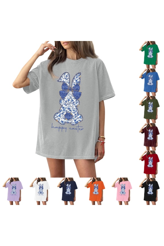 Easter Ladies Shirts Plus Size Short Sleeve Spring T Shirt Funny Fashion Bunny Tee Eggs Cute Crew Neck Blouses Light Gray M