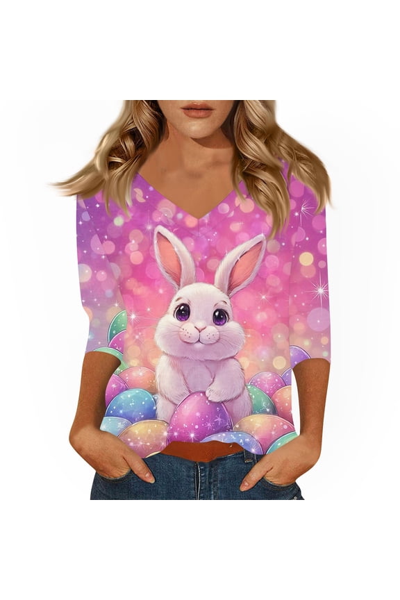 Easter Ladies Shirts Plus Size V Neck Eggs T Shirts Spring Graphic Funny Tees Bunny Cute 3/4 Sleeve Top Watermelon Red S