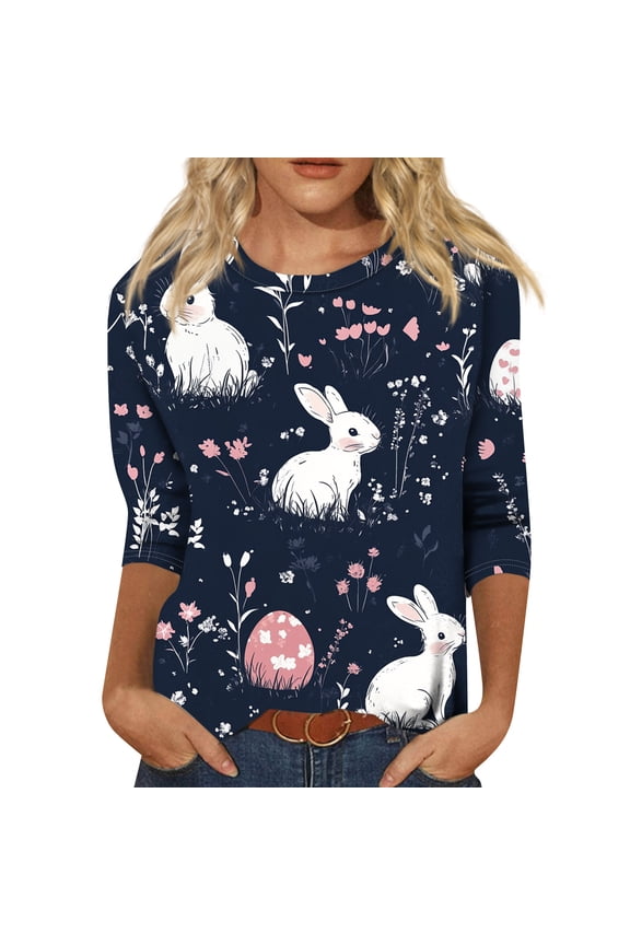 Easter Ladies Shirts Spring 3/4 Sleeve Plus Size T Shirt Eggs Floral Bunny Top Funny Trendy Crew Neck Tee Navy 2XL