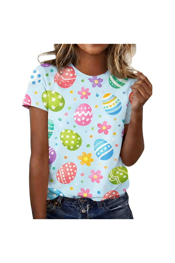Easter Ladies T Shirt Bunny Short Sleeve Plus Size T Shirts Spring Floral Eggs Top Funny Trendy Crew Neck Blouses Light Blue 3XL
