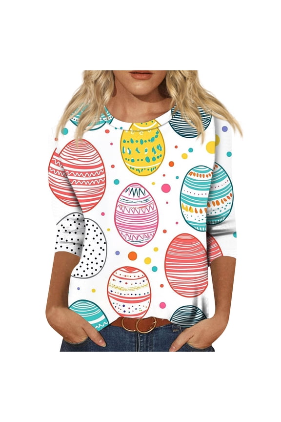 Easter Ladies T Shirt Plus Size Crew Neck Bunny T Shirts Funny 2026 Eggs Clothing Spring Graphic 3/4 Sleeve Tee Multicolor XL