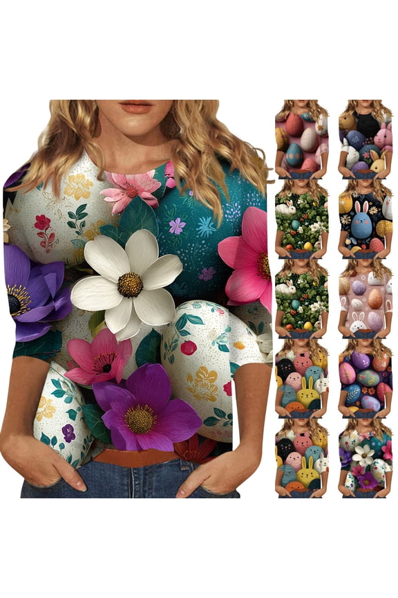Easter Ladies T Shirt Plus Size Crew Neck Eggs Shirt Bunny Cute Funny Blouses Spring Casual 3/4 Sleeve Tees White M