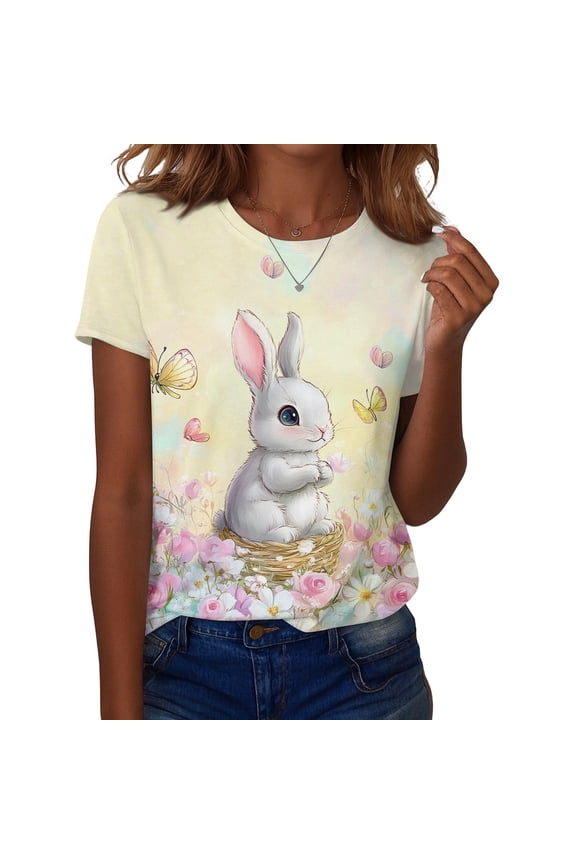 Easter Ladies T Shirt Plus Size Crew Neck Eggs Tshirts Spring Graphic Funny Blouses Bunny Fashion Short Sleeve Tops Light pink S