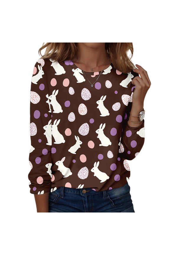 Easter Ladies T Shirt Spring Long Sleeve Plus Size Shirts Bunny Floral Funny Blouses Eggs Graphic Crew Neck Top Coffee L