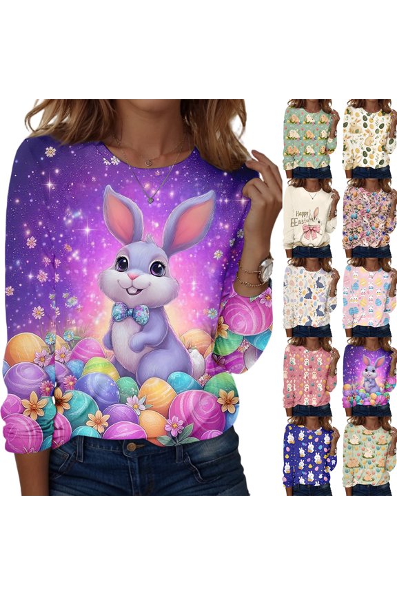 Easter Ladies T Shirts Bunny Crew Neck Funny Shirts Spring 2026 Eggs Tees Plus Size Cute Long Sleeve Top Purple M
