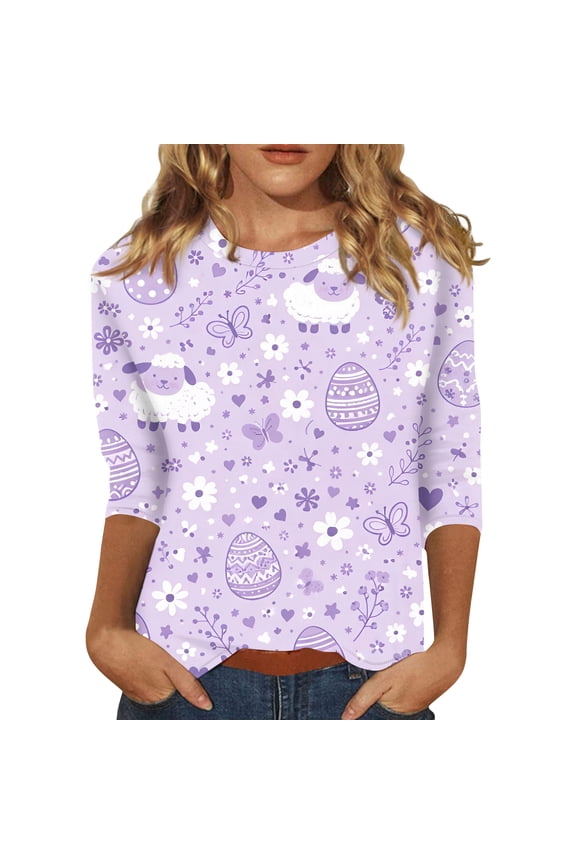 Easter Ladies T Shirts Bunny Crew Neck Plus Size Tshirt Spring Cute Eggs Tee Funny Casual 3/4 Sleeve Top Purple M