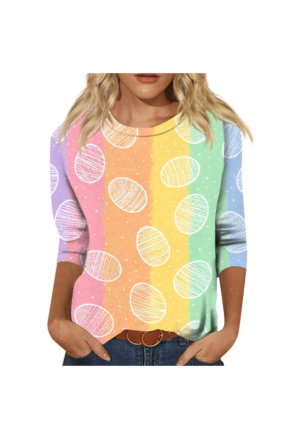 Easter Ladies T Shirts Eggs 3/4 Sleeve Plus Size T Shirt Funny Casual Spring Tees Bunny Trendy Crew Neck Tee Saffron M