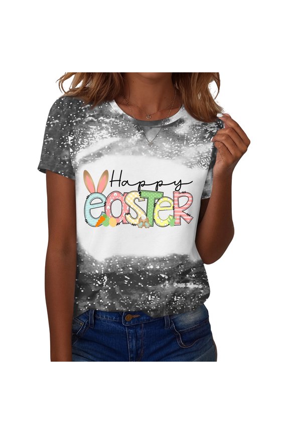 Easter Ladies T Shirts Eggs Crew Neck Funny Shirts Bunny Floral Spring Tee Plus Size Trendy Short Sleeve Blouses Gray S