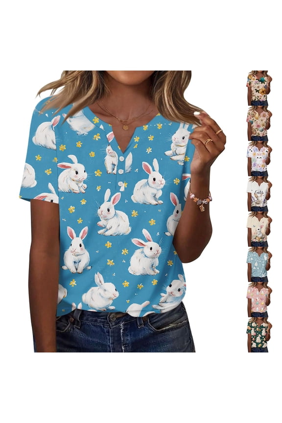 Easter Ladies T Shirts Funny Button Henley V Neck Eggs Shirt Bunny 2026 Plus Size Tees Spring Button Down Casual Short Sleeve Clothing Cyan M