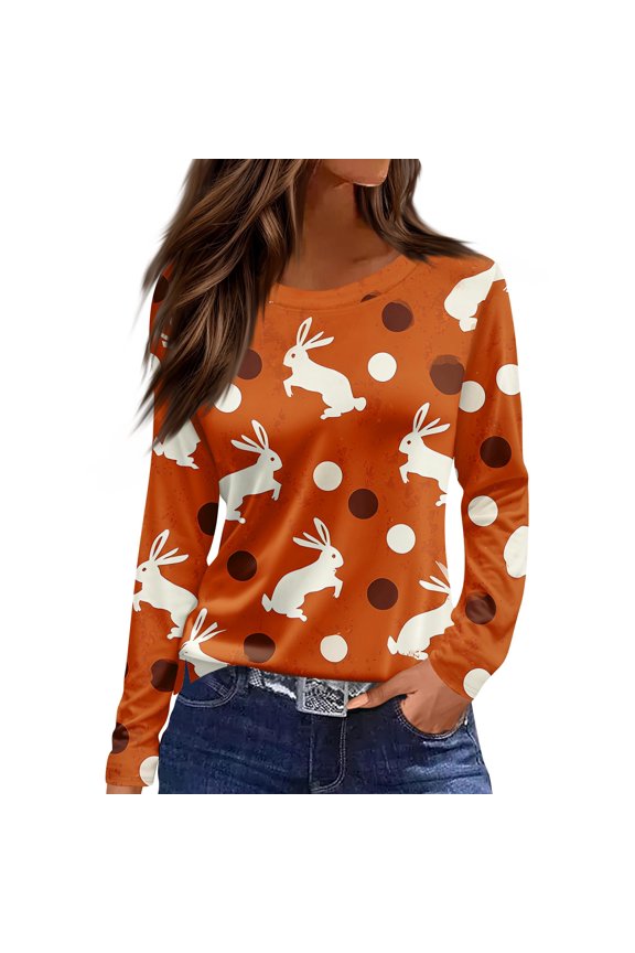 Easter Ladies T Shirts Funny Long Sleeve Bunny T Shirt Spring Casual Eggs Blouses Plus Size Floral Crew Neck Clothing Orange XL