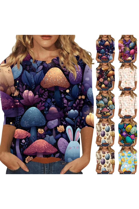 Easter Ladies T Shirts Spring 3/4 Sleeve Eggs T Shirt Plus Size Trendy Funny Top Bunny Floral Crew Neck Clothing Dark Purple M