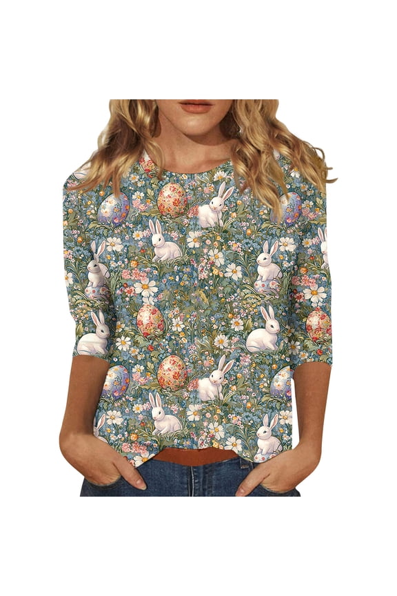 Easter Ladies T Shirts Spring Crew Neck Plus Size T Shirt Eggs Trendy Funny Tops Bunny Cute 3/4 Sleeve Top Army Green M
