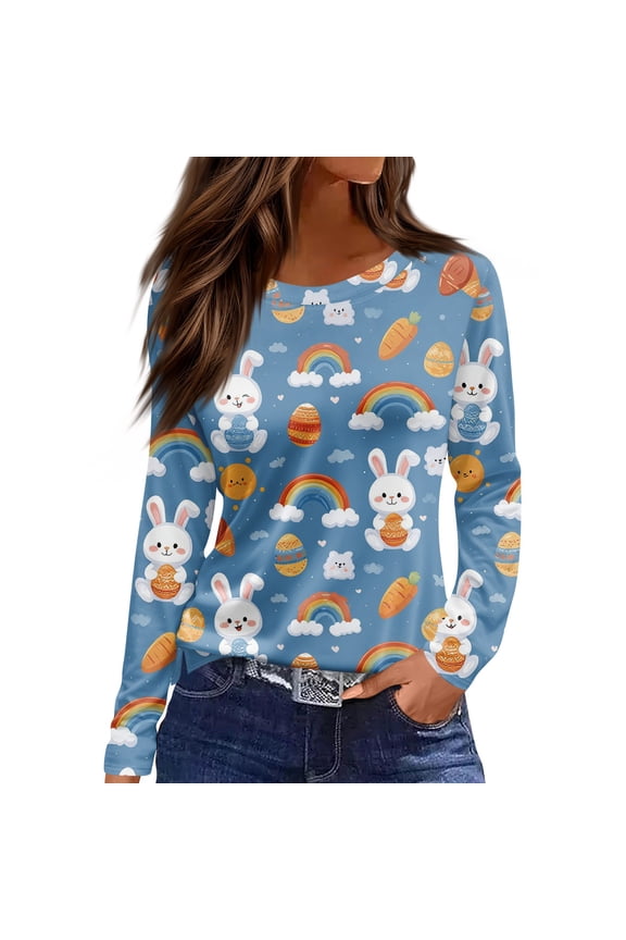 Easter Ladies Tshirt Eggs Crew Neck Spring Tshirts Bunny Fashion Plus Size Blouses Funny Trendy Long Sleeve Top Blue S