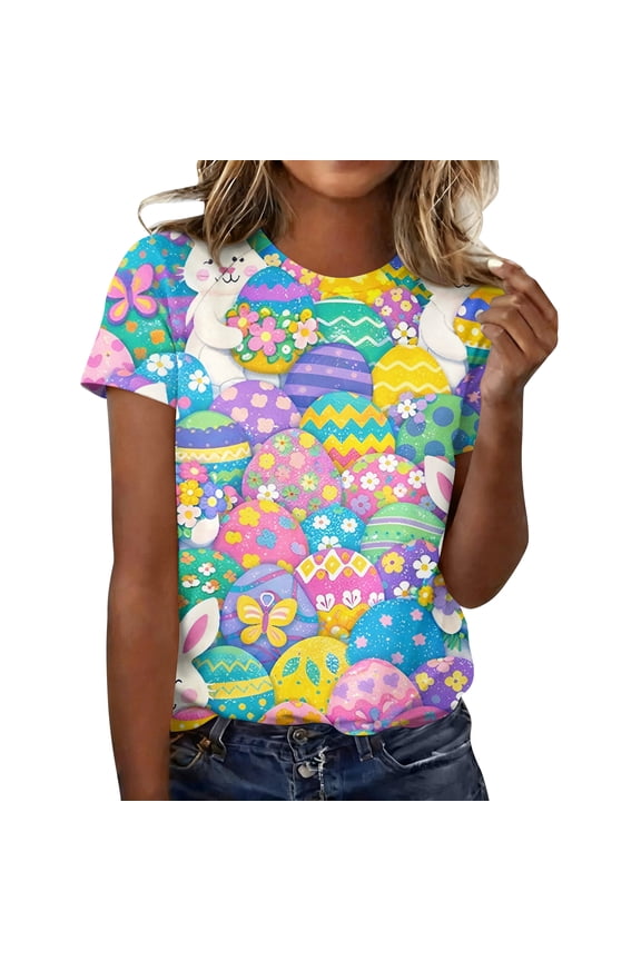Easter Ladies Tshirt Eggs Short Sleeve Bunny T Shirts Spring Trendy Plus Size Clothing Funny Cute Crew Neck Tops Purple Pink 3XL
