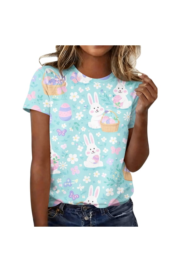 Easter Ladies Tshirt Eggs Short Sleeve Funny T Shirt Bunny Floral Plus Size Clothing Spring Trendy Crew Neck Tees Mint Green M
