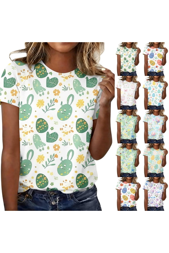 Easter Ladies Tshirt Funny Crew Neck Eggs Tshirts Spring Fashion Bunny Tops Plus Size 2026 Short Sleeve Tees Green M