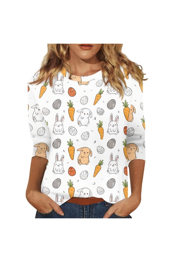 Easter Ladies Tshirt Plus Size 3/4 Sleeve Funny T Shirt Spring Floral Bunny Tees Eggs Graphic Crew Neck Clothing White 3XL