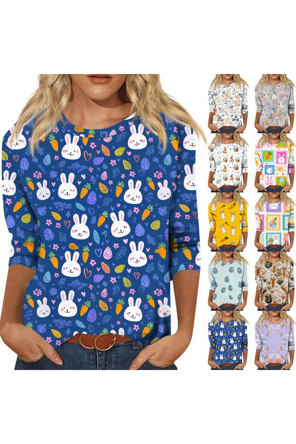 Easter Ladies Tshirt Spring Crew Neck Plus Size Shirt Bunny Graphic Eggs Tees Funny Cute 3/4 Sleeve Tops Purple M