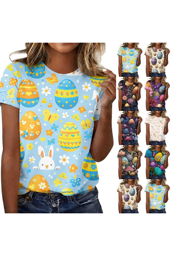 Easter Ladies Tshirts Bunny Crew Neck Eggs T Shirt Funny Graphic Plus Size Tops Spring Fashion Short Sleeve Blouses Light Blue M