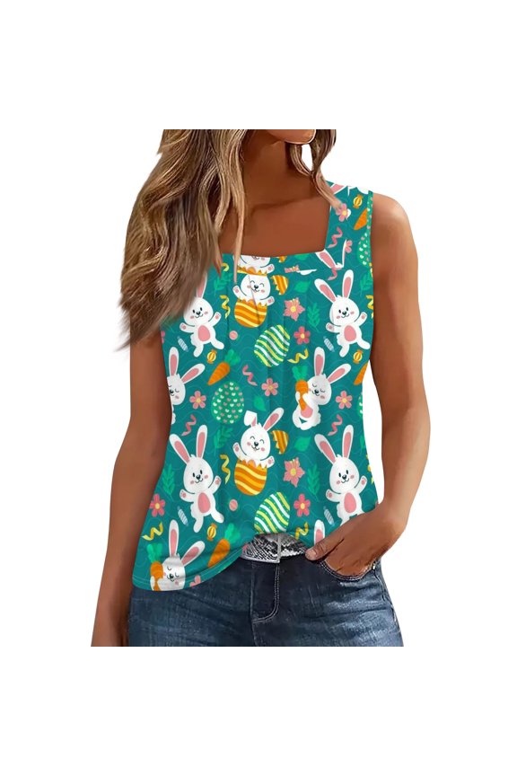 Easter Ladies Tshirts Bunny Square Neck Spring Tshirt Plus Size Fashion Funny Tank Tank Tops Eggs Trendy Sleeveless Clothing Dark Green XL