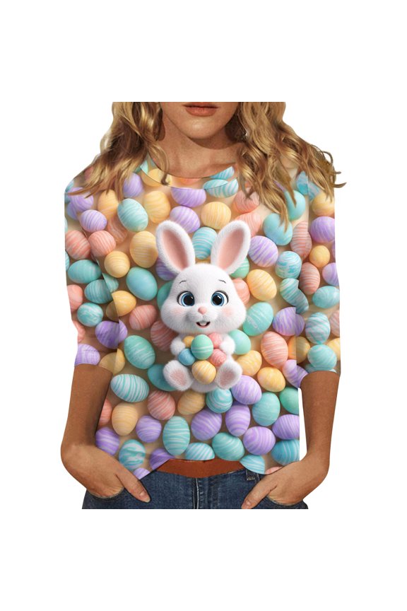 Easter Ladies Tshirts Eggs 3/4 Sleeve Bunny Tshirt Spring Fashion Funny Tops Plus Size Graphic Crew Neck Tee Purple S