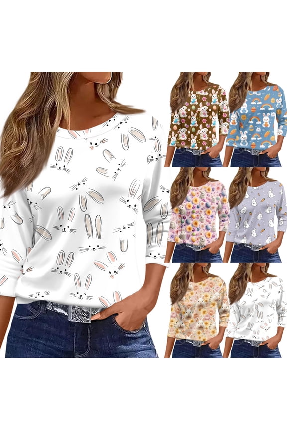 Easter Ladies Tshirts Eggs 3/4 Sleeve Spring Tshirt Bunny Cute Funny Tops Plus Size 2026 Crew Neck Tee White M