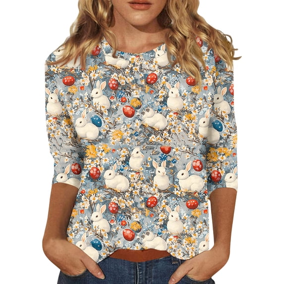 DORKASM Easter Ladies Tshirts Eggs Crew Neck Plus Size Tshirt Spring 2026 Bunny Blouses Funny Fashion 3/4 Sleeve Clothing Royal Blue L