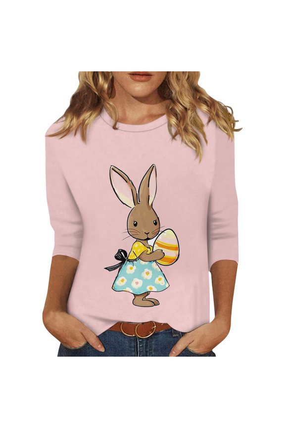 Easter Ladies Tshirts Funny 3/4 Sleeve Spring Shirt Plus Size 2026 Eggs Blouses Bunny Floral Crew Neck Tees Hot Pink S