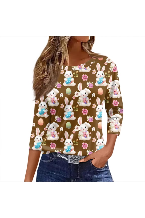 Easter Ladies Tshirts Plus Size 3/4 Sleeve Spring Tshirt Funny Floral Bunny Top Eggs Graphic Crew Neck Tops Brown 3XL