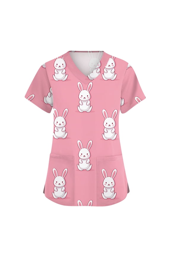 Easter Scrub Tshirt for Women Eggs Short Sleeve Plus Size Scrubs T Shirt Funny Graphic PocketsBunny Workwear Tops Spring 2026 V Neck Nursing Uniform Black XL