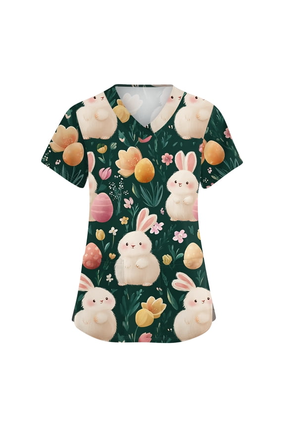 Easter Scrub Tshirt for Women Eggs V Neck Bunny Scrubs T Shirt Plus Size Floral Funny Nursing Uniform Spring PocketsCasual Short Sleeve Medcial Shirts Top Sky Blue XL