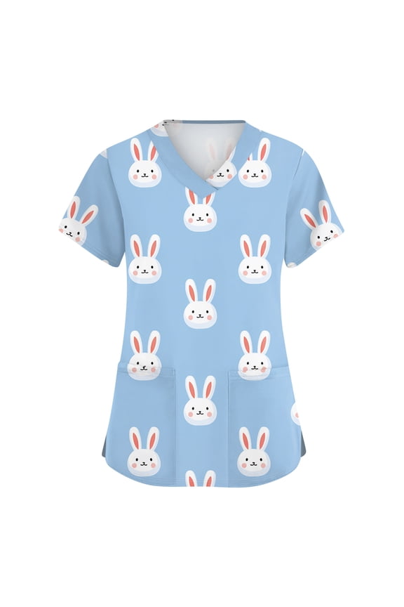 Easter Scrub Tshirt for Women Spring Short Sleeve Bunny Scrubs T Shirt Funny Fashion Eggs Workwear Tops Plus Size Trendy PocketsV Neck Nursing Uniform Army Green M