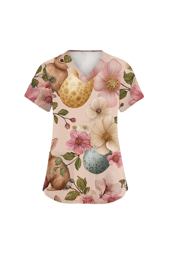 Easter Scrub Tshirt for Women Spring Short Sleeve Eggs Scrubs T Shirt Bunny Graphic Funny Workwear Tops Plus Size PocketsCasual V Neck Nursing Uniform Light pink L