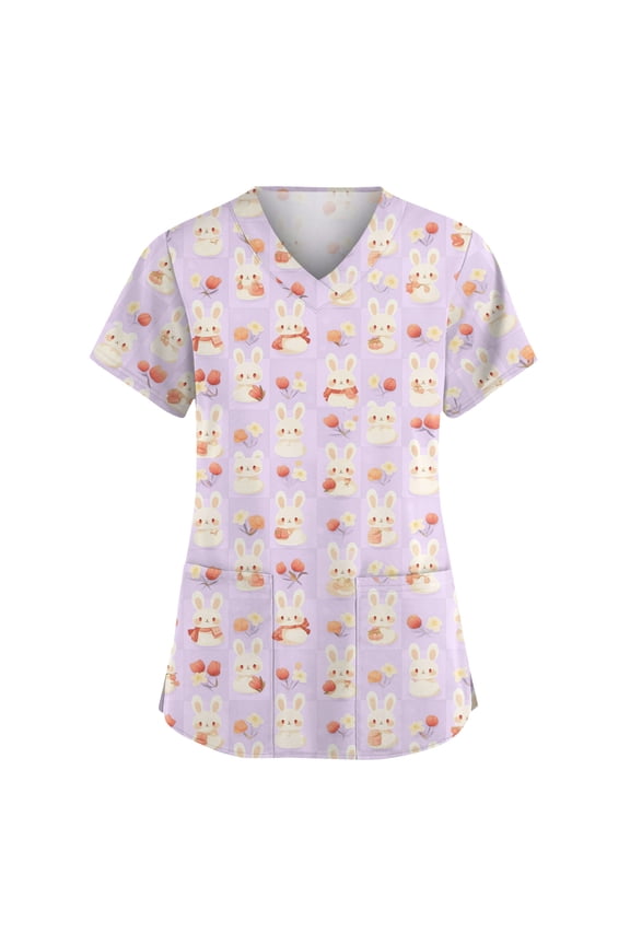 Easter Scrubs T Shirt for Women Plus Size V Neck Spring Scrub Tshirt Funny Floral Bunny Workwear Tops Eggs Casual PocketsShort Sleeve Nursing Uniform Purple Pink XL