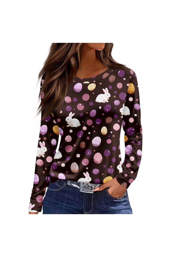 Easter Shirt for Ladies Eggs Long Sleeve Funny T Shirt Spring Trendy Plus Size Clothing Bunny Graphic Crew Neck Tees Coffee L