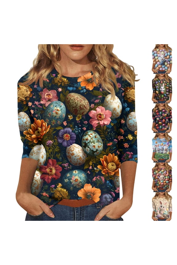 Easter Shirt for Ladies Spring 3/4 Sleeve Bunny Tshirts Plus Size Floral Eggs Top Funny 2026 Crew Neck Tees Navy M