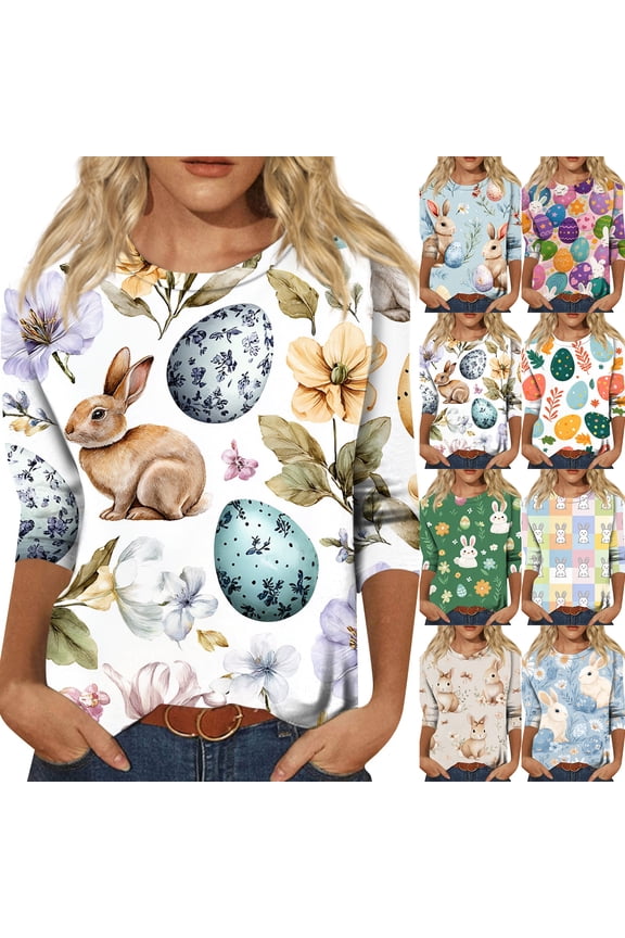 Easter Shirt for Women Bunny Crew Neck Funny Tshirt Eggs Fashion Plus Size Top Spring 2026 3/4 Sleeve Tees White M