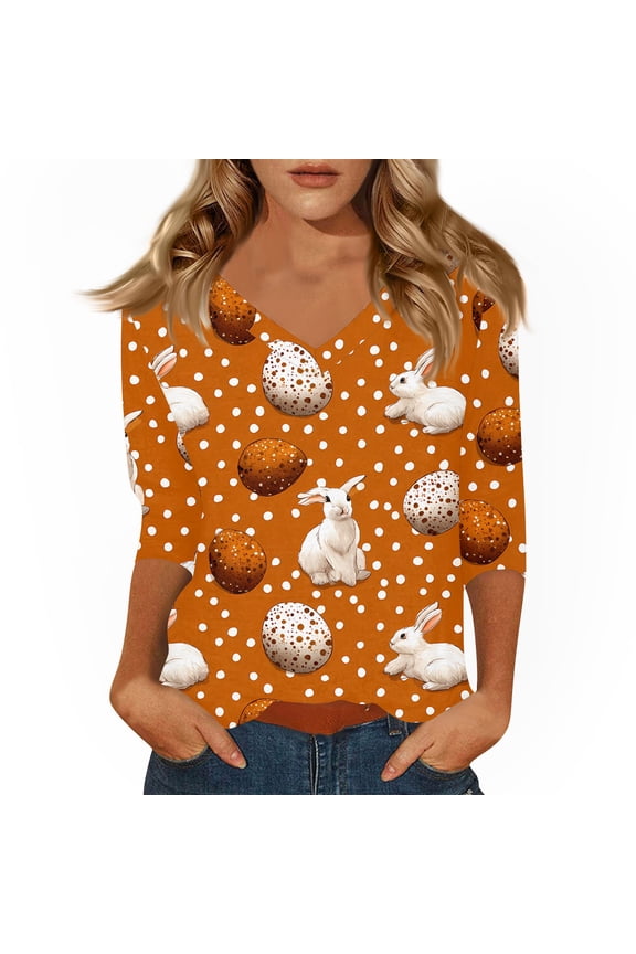 Easter Shirts for Ladies Bunny V Neck Plus Size Shirt Spring Fashion Funny Top Eggs 2026 3/4 Sleeve Tops Saffron M
