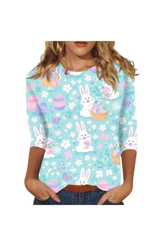 Easter Shirts for Ladies Eggs Crew Neck Bunny Tshirts Funny Graphic Plus Size Tees Spring 2026 3/4 Sleeve Blouses Mint Green XL