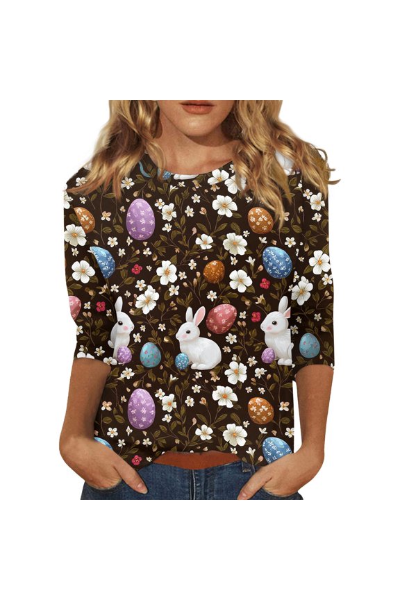 Easter Shirts for Ladies Eggs Crew Neck Plus Size Shirt Bunny 2026 Funny Tops Spring Graphic 3/4 Sleeve Blouses Coffee L
