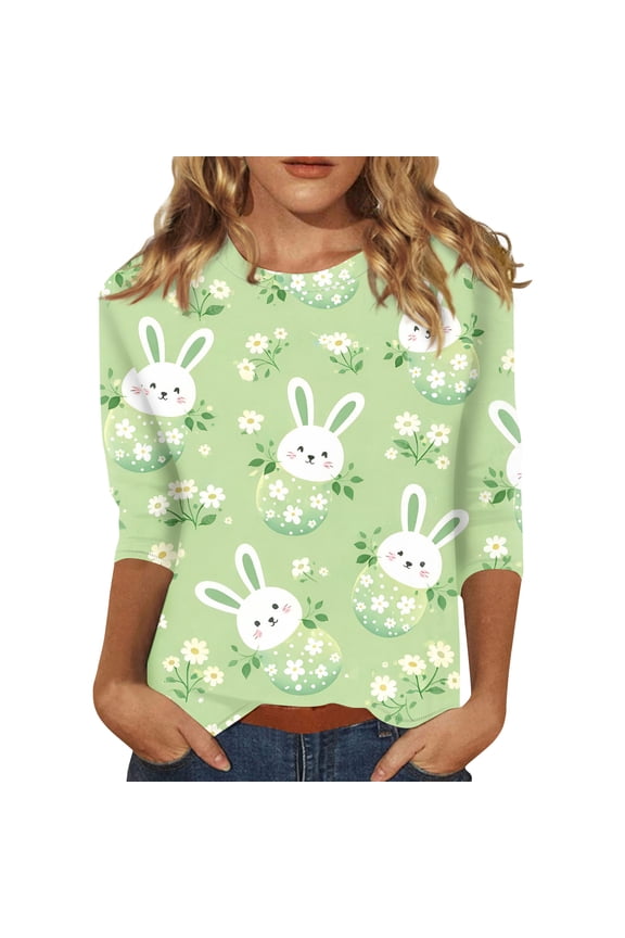 Easter Shirts for Ladies Funny Crew Neck Spring T Shirt Bunny Casual Eggs Tee Plus Size Trendy 3/4 Sleeve Blouses Light Green XL