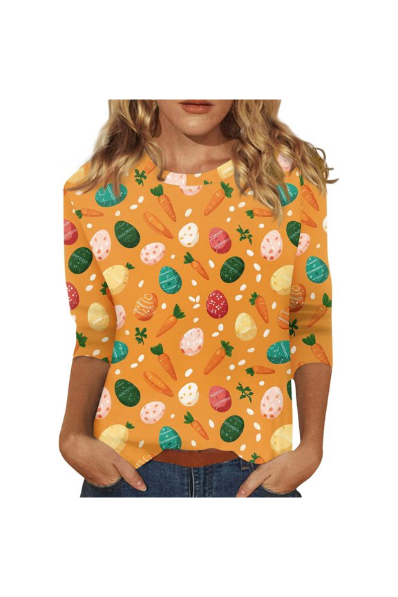 Easter Shirts for Ladies Plus Size Crew Neck Eggs Tshirt Spring Floral Funny Top Bunny Cute 3/4 Sleeve Tee Orange 3XL
