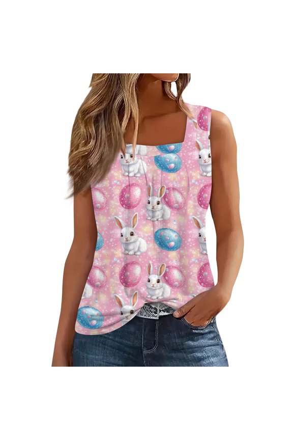 Easter Shirts for Ladies Plus Size Square Neck Eggs Shirt Funny 2026 Bunny Tee Spring Trendy Sleeveless Blouses Yellow 3XL