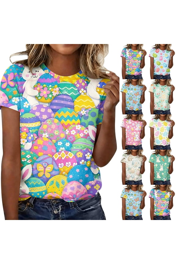Easter Shirts for Women Bunny Short Sleeve Funny Tshirts Spring Trendy Plus Size Tops Eggs Floral Crew Neck Tee Purple Pink M