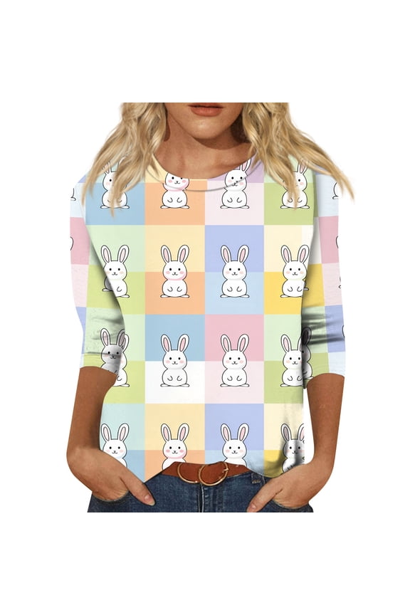 Easter Shirts for Women Eggs Crew Neck Spring T Shirt Funny Cute Bunny Clothing Plus Size 2026 3/4 Sleeve Top Multicolor 2XL