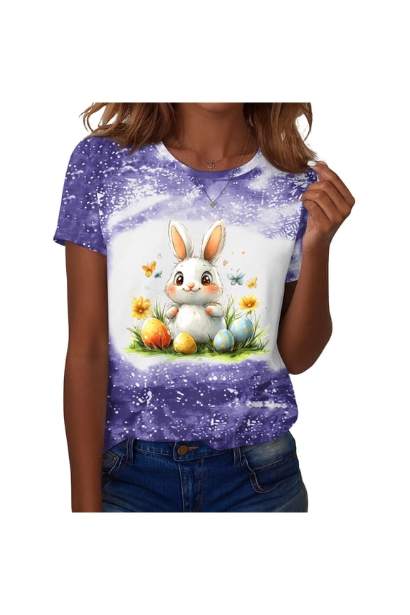 Easter Shirts for Women Spring Short Sleeve Eggs Tshirts Plus Size Graphic Bunny Tees Funny Fashion Crew Neck Tee Purple L