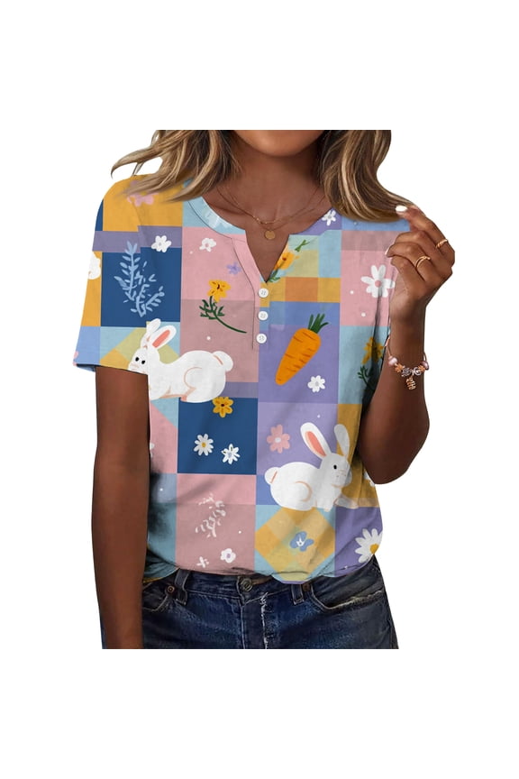 Easter T Shirt for Women Funny Button Henley V Neck Bunny T Shirts Eggs 2026 Button Down Plus Size Tee Spring Trendy Short Sleeve Top Multicolor L