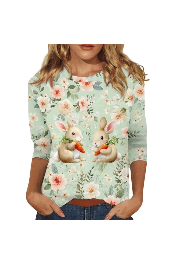 Easter T Shirt for Ladies Bunny 3/4 Sleeve Funny Shirts Spring Graphic Plus Size Top Eggs Trendy Crew Neck Tee Light Green XL